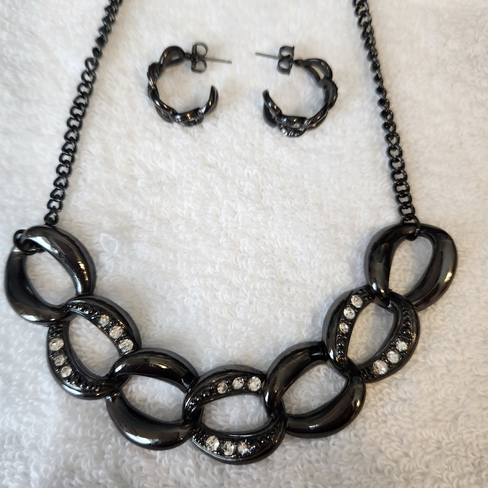Black Chain Necklace and Earring Set.  Heavy black metal with elegant design.